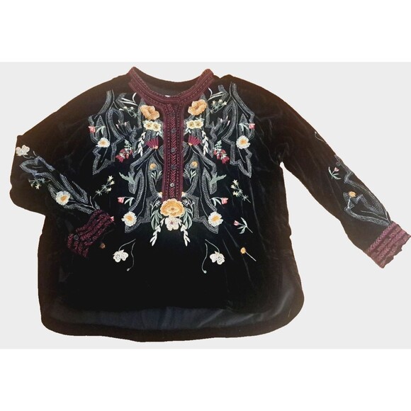 Johnny Was Biya Tops - Biya Johnny Was Tunic Top Velvet Embroidered Silk Rayon Black Floral Boho Chic M